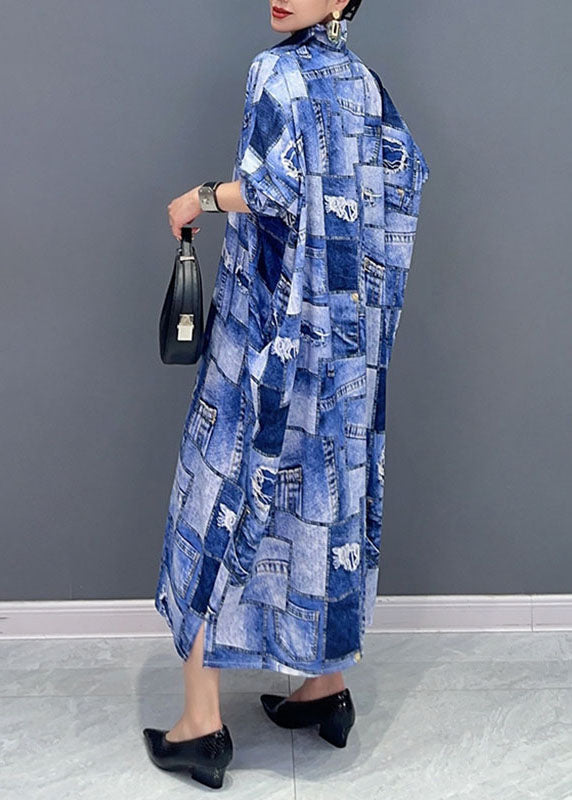 Classy Denim Blue Peter Pan Collar Print Button Maxi Shirts Dress Long Sleeve