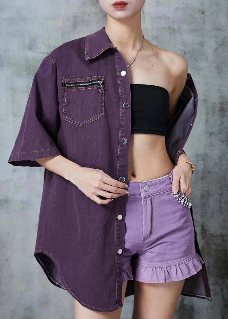 Classy Dull Purple Zip Up Oversized Denim Shirt Top Summer