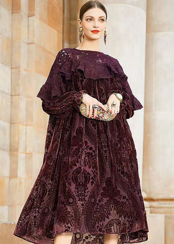 Classy Dull Red Lace Jacquard Patchwork Silk Velour Dresses Fall