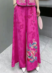 Classy Embroideried High Waist Pockets Patchwork Silk Wide Leg Pants Fall