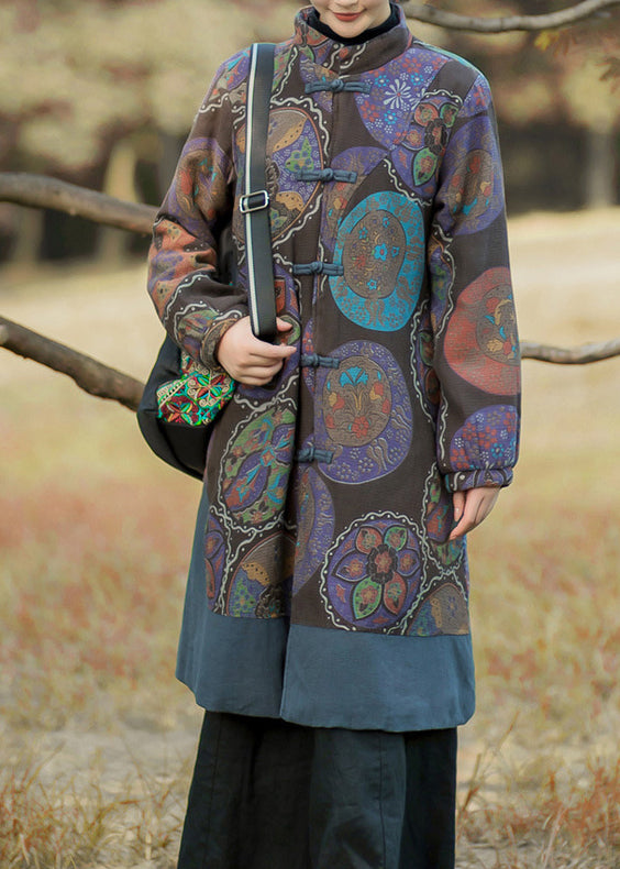 Classy Flower Colour Stand Collar Pockets Print Cotton Coats Long Sleeve