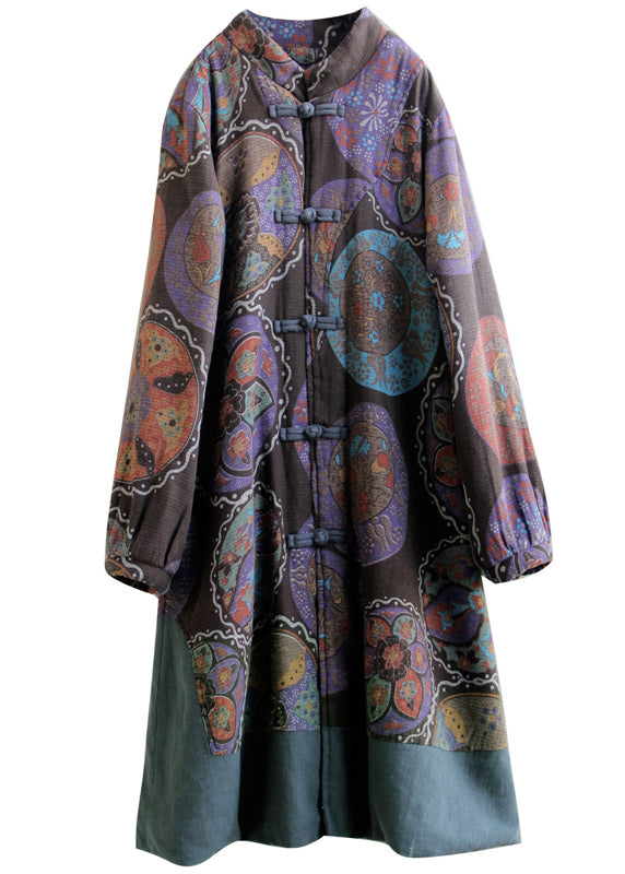 Classy Flower Colour Stand Collar Pockets Print Cotton Coats Long Sleeve