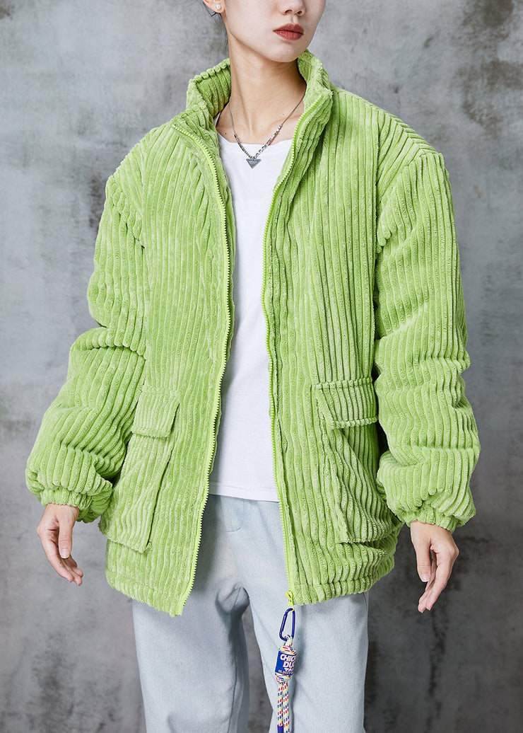 Classy Fluorescent Green Pockets Thick Fine Cotton Filled Corduroy Jacket Winter