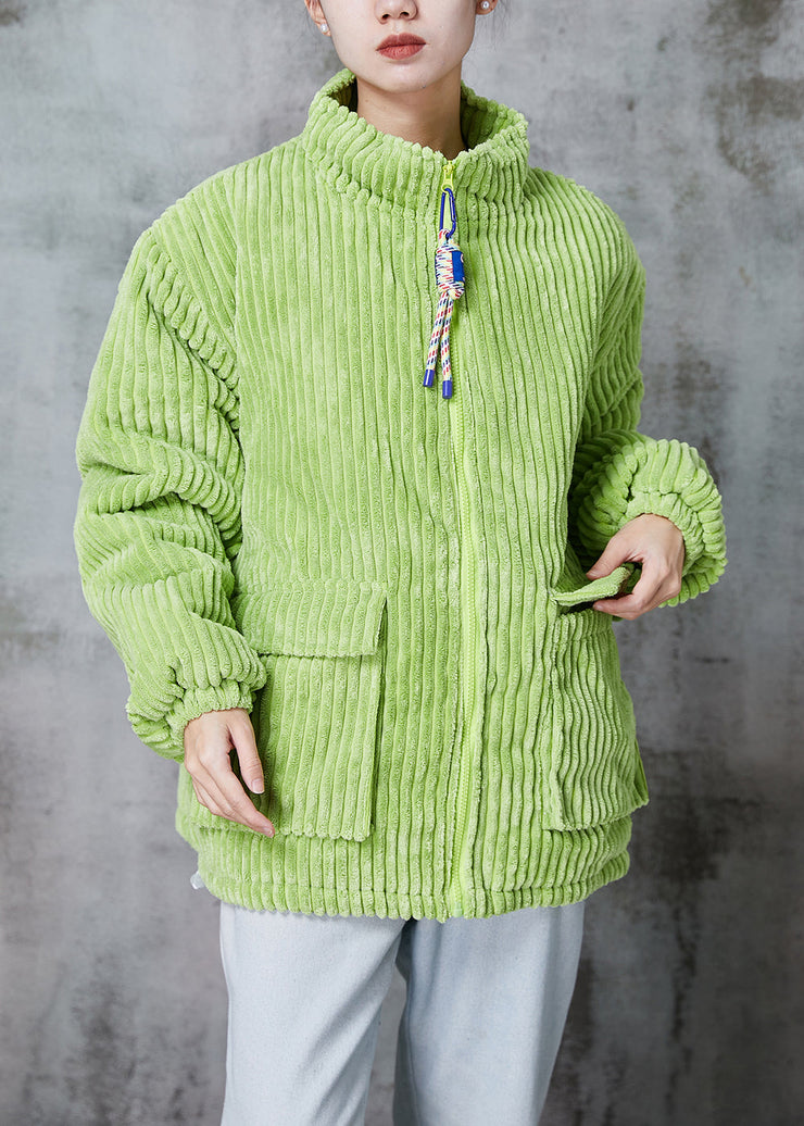 Classy Fluorescent Green Pockets Thick Fine Cotton Filled Corduroy Jacket Winter