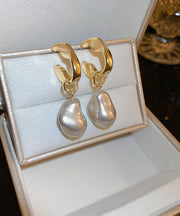 Classy Gold Copper Pearl Asymmetric Drop Earrings