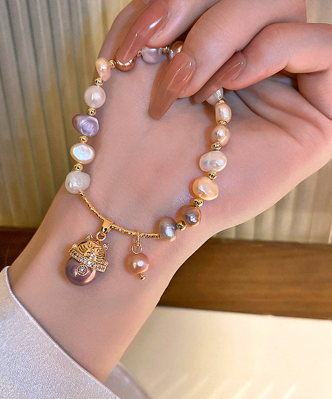 Classy Gold Copper Zircon Pearl Lucky Cat Charm Bracelet