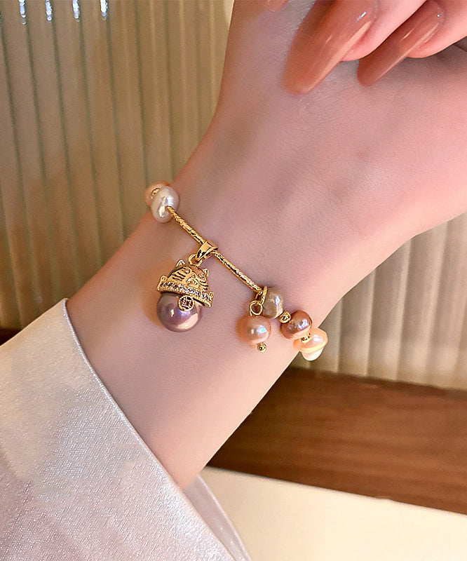 Classy Gold Copper Zircon Pearl Lucky Cat Charm Bracelet