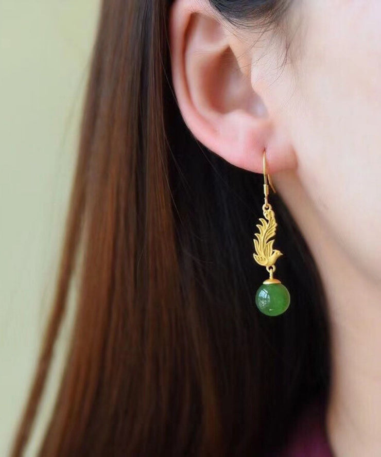 Classy Gold Phoenix Sterling Silver Overgild Jade Drop Earrings