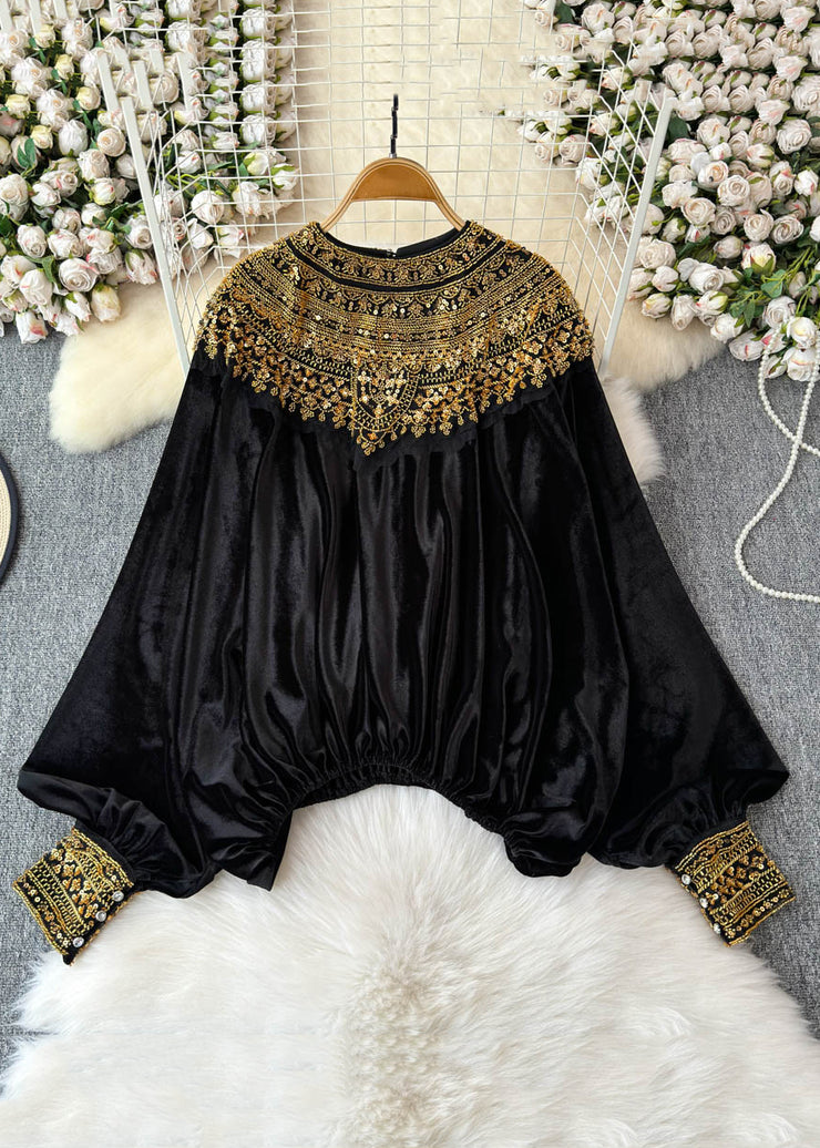 Classy Gold Sequins Patchwork Velour Shirts Winter