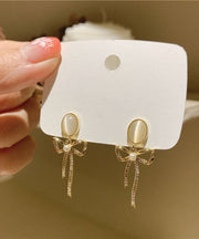 Classy Gold Sterling Silver Pearl Zircon Bow Cat's Eye Drop Earrings