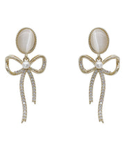 Classy Gold Sterling Silver Pearl Zircon Bow Cat's Eye Drop Earrings