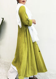 Classy Grass Green V Neck Button Long Linen Trench Coats Spring