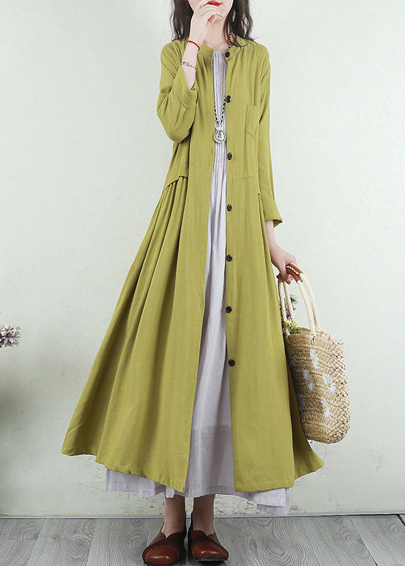 Classy Grass Green V Neck Button Long Linen Trench Coats Spring