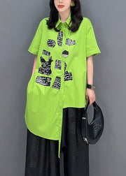 Classy Green Asymmetrical Print Button Shirts Short Sleeve