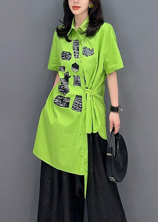 Classy Green Asymmetrical Print Button Shirts Short Sleeve