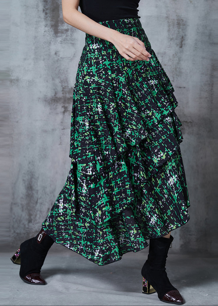 Classy Green Asymmetrical Print Chiffon Skirt Fall