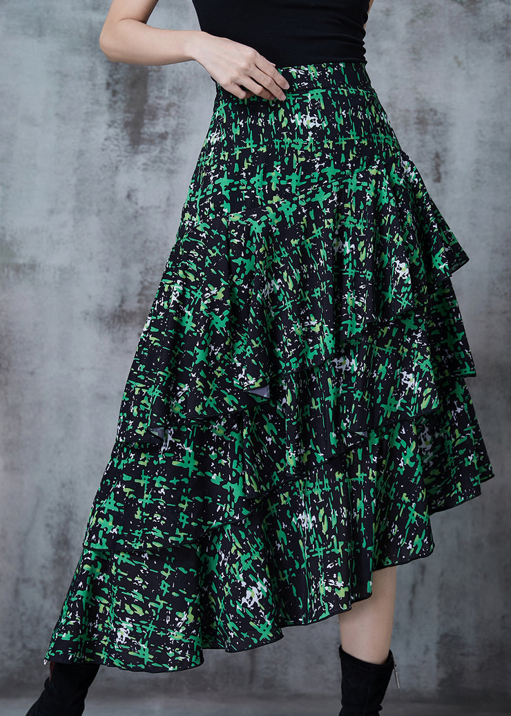 Classy Green Asymmetrical Print Chiffon Skirt Fall