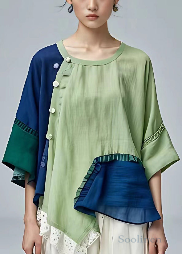 Classy Green Asymmetrical Ruffled Cotton Blouse Half Sleeve