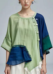 Classy Green Asymmetrical Ruffled Cotton Blouse Half Sleeve