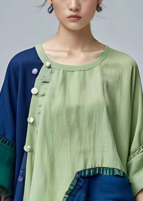 Classy Green Asymmetrical Ruffled Cotton Blouse Half Sleeve