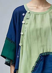 Classy Green Asymmetrical Ruffled Cotton Blouse Half Sleeve