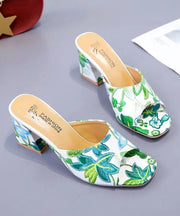 Classy Green Chunky Heel Embroidery Slide Sandals Peep Toe