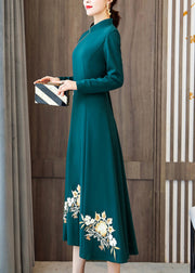 Classy Green Embroideried Patchwork Cotton Maxi Dresses Fall