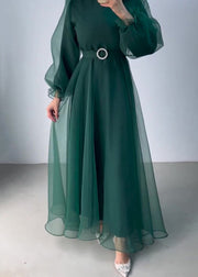 Classy Green Half High Neck Tulle Long Dresses Fall