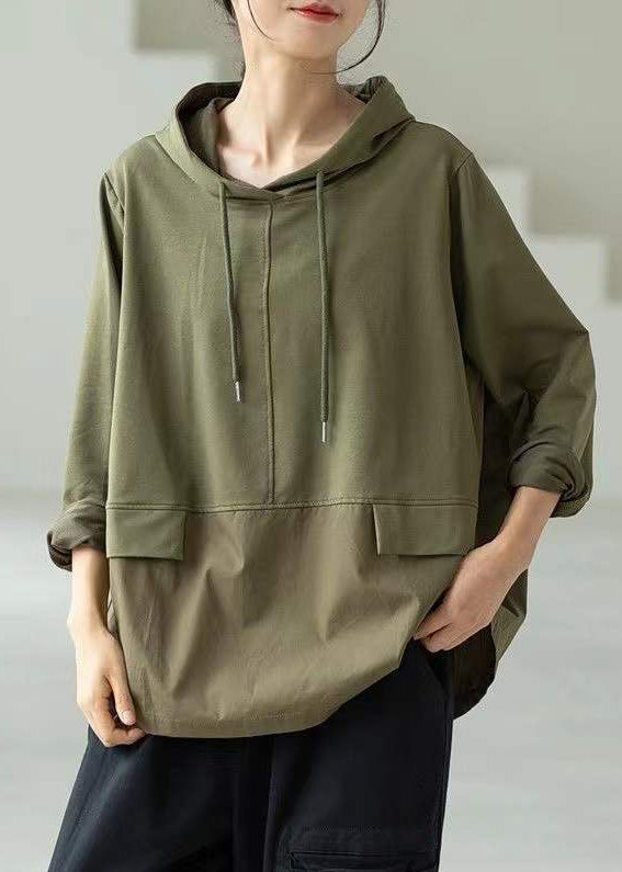 Classy Green Hooded Patchwork Side Open Cotton Sweatshirt Fall