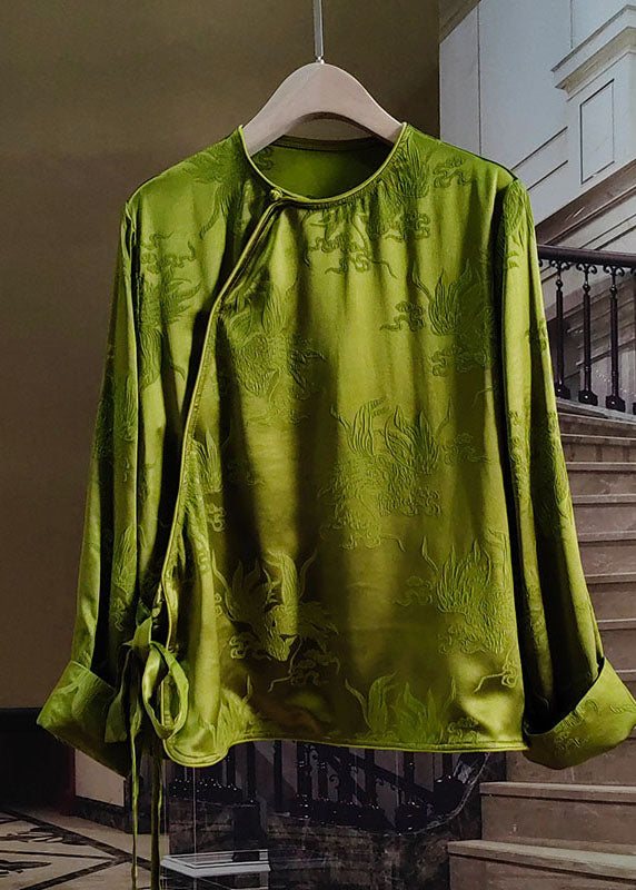 Classy Green O Neck Jacquard Silk Shirt Top Long Sleeve