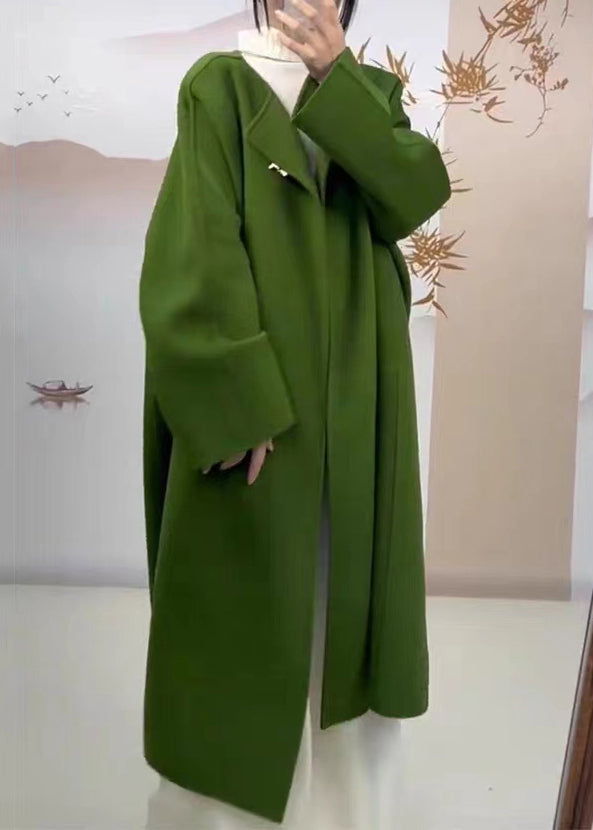 Classy Green O Neck Pockets Plus Size Woolen Coat Fall