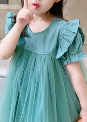 Classy Green O-Neck Ruffled Patchwork Tulle Girls Long Dresses Summer