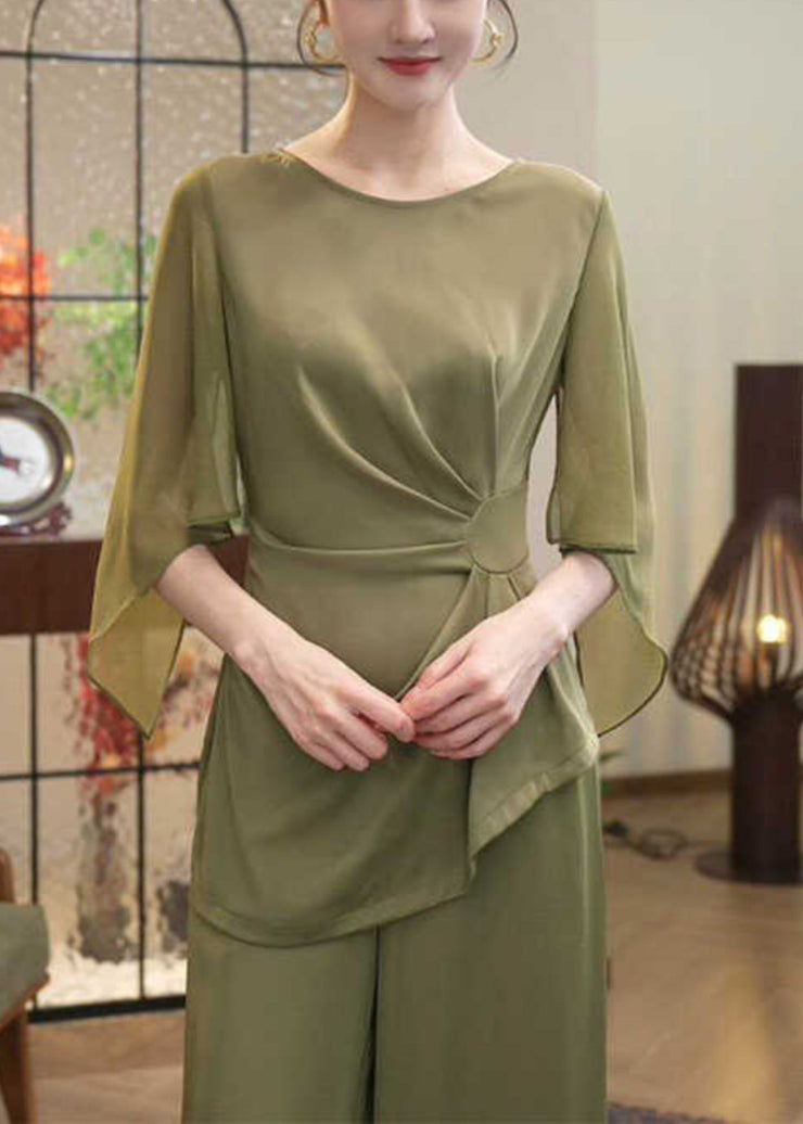 Classy Green O Neck Wrinkled Chiffon Two Piece Suit Set Summer