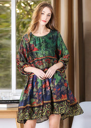 Classy Green Oversized Tie Dye Silk Mid Dress Lantern Sleeve