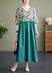 Classy Green Patchwork Wrinkled Cotton Holiday Long Dress Summer