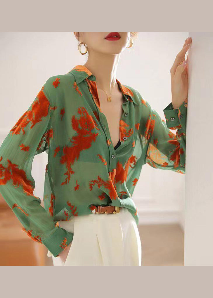 Classy Green Peter Pan Collar Jacquard Patchwork Silk Shirts Fall