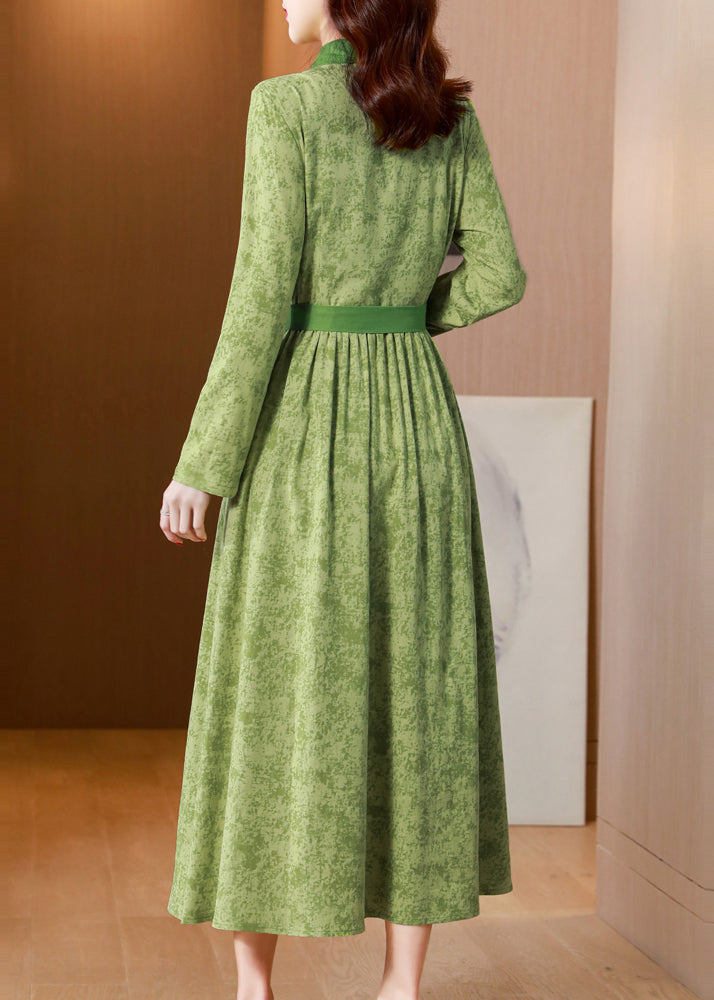 Classy Green Print Tie Waist Patchwork Cotton Long Dress Fall