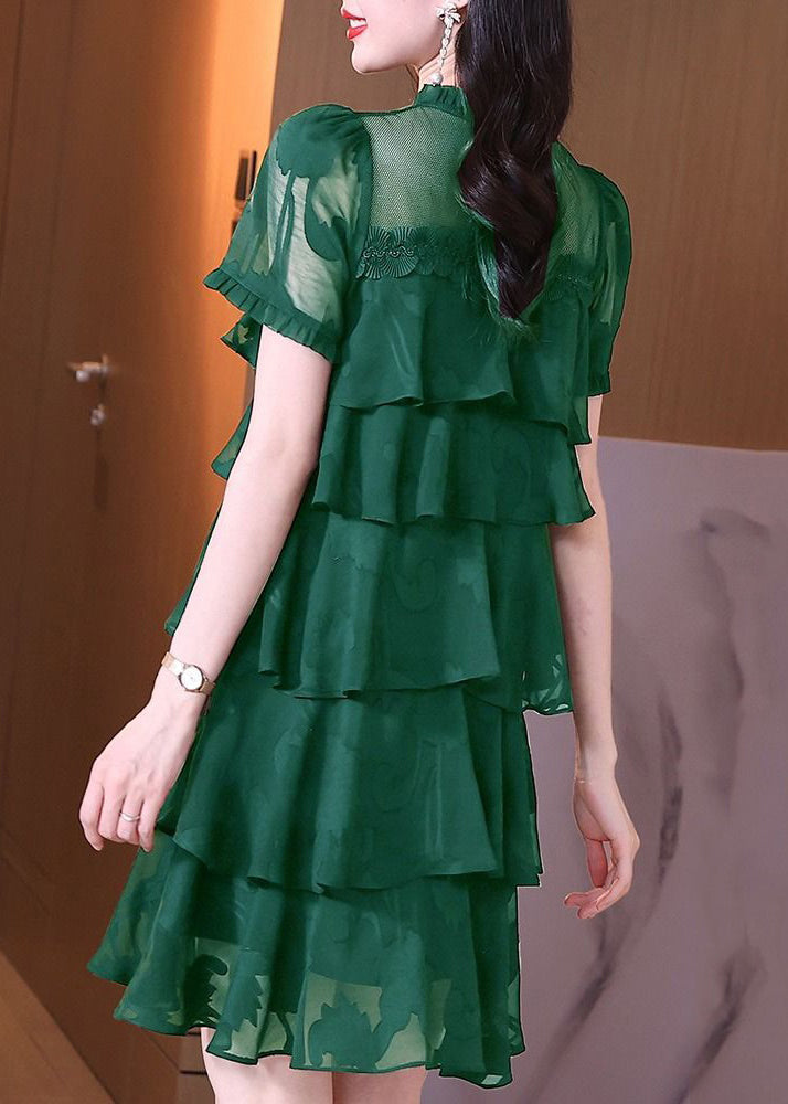 Classy Green Ruffled Button Patchwork Chiffon Mid Dress Summer