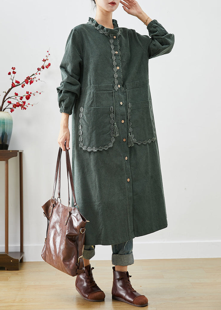 Classy Green Ruffled Cinched Corduroy Coats Fall