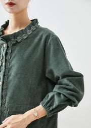 Classy Green Ruffled Cinched Corduroy Coats Fall