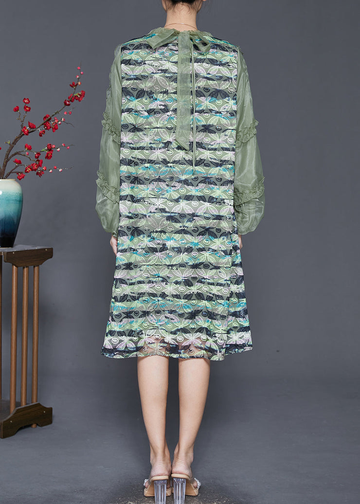 Classy Green Ruffled Patchwork Silk Dress Spring