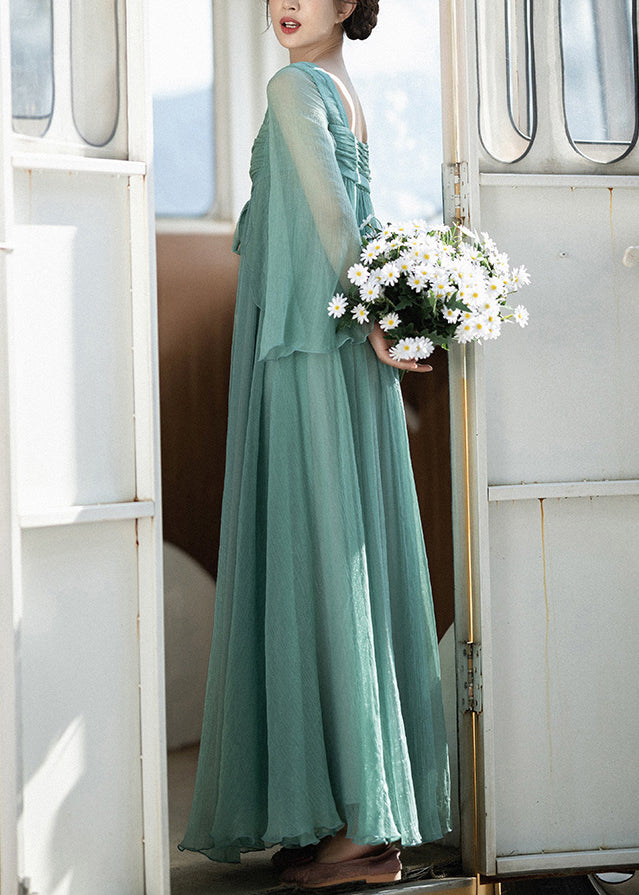 Classy Green Square Collar Wrinkled Lace Up Chiffon Dresses Summer