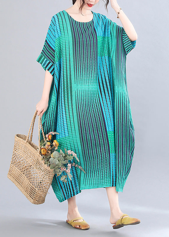 Classy Green Striped Print Holiday Long Dress Short Sleeve