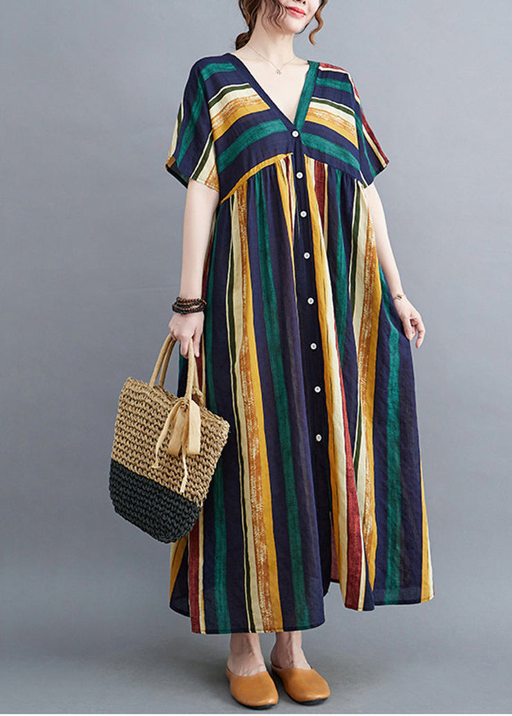 Classy Green V Neck Multicolour Striped Button Linen Ankle Dress Summer