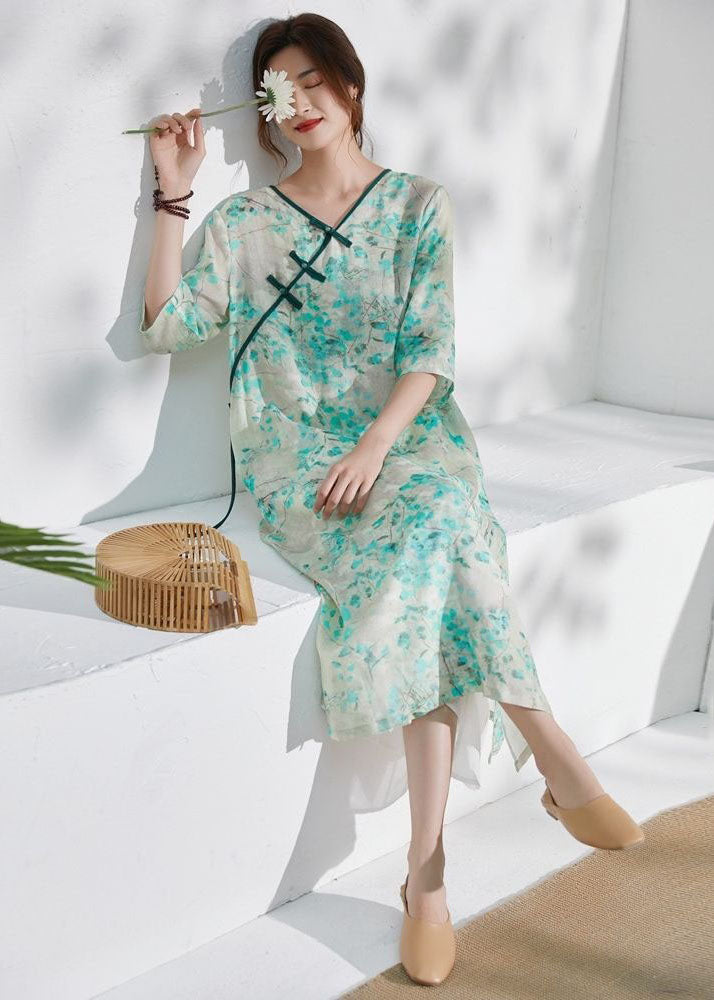 Classy Green V Neck Print Chinese Button Patchwork Linen Dress Summer