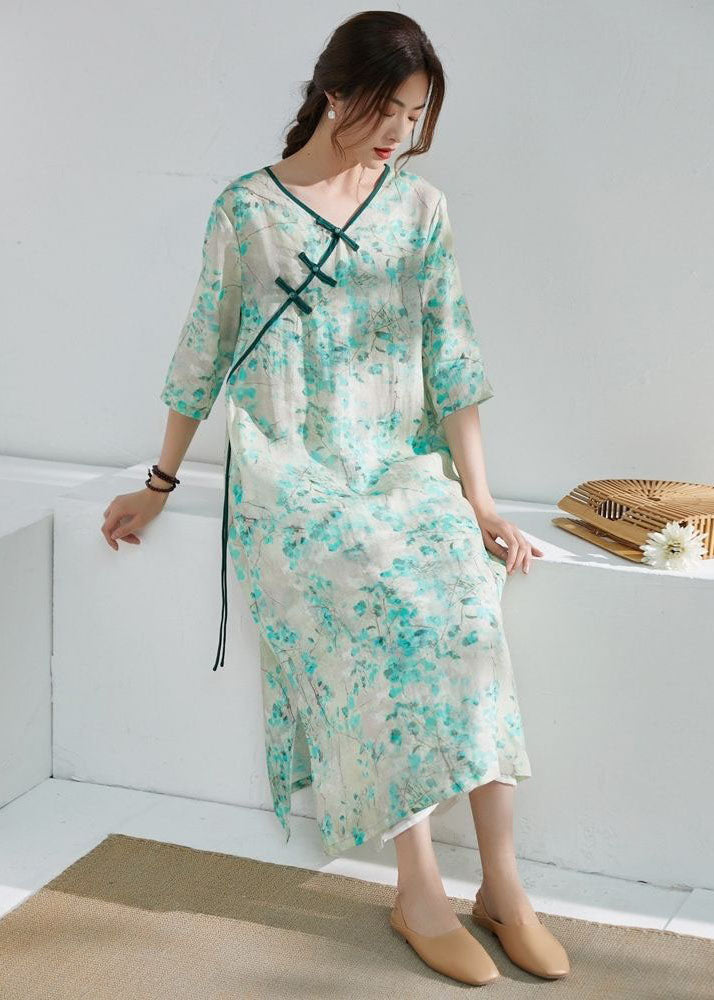 Classy Green V Neck Print Chinese Button Patchwork Linen Dress Summer