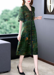 Classy Green V Neck Print Wrinkled Patchwork Silk Dresses Summer