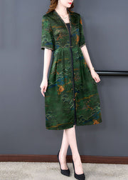 Classy Green V Neck Print Wrinkled Patchwork Silk Dresses Summer