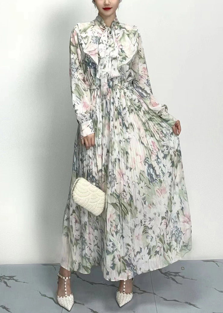 Classy Grey Bow Print Wrinkled Cotton Long Dresses Long Sleeve