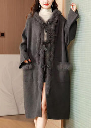 Classy Grey Fox Collar Lace Up Patchwork Knit Coats Winter